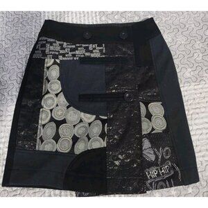 Desigual Womens Size XS Black Wool Blend Patchwork Button Front Mini Skirt
